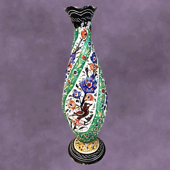 Vintage Persian Hand-Painted Metal Vase with Textured Flowers & Bird 8.5" - Picture 2 of 8